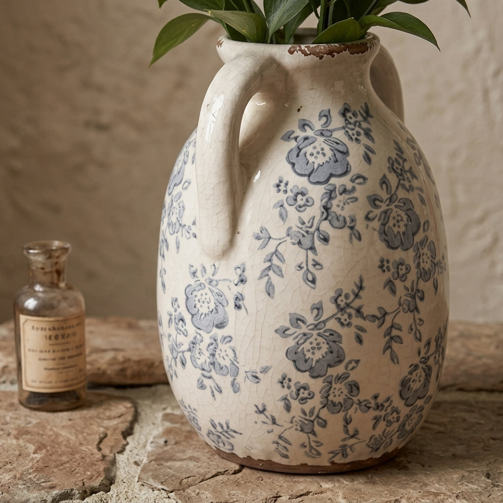 Vintage Grey-Blue Floral Crackle Glaze Handled Vase