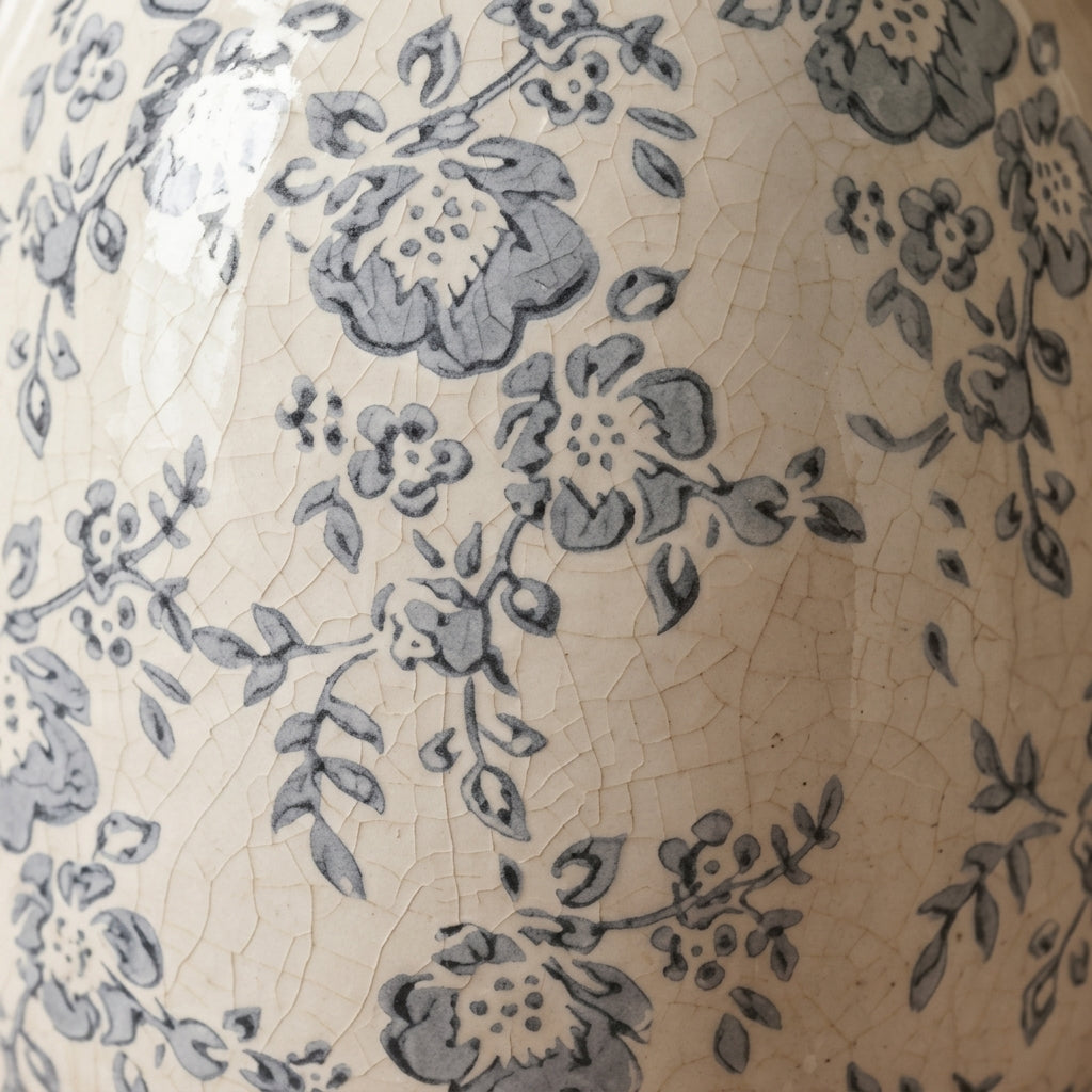 Vintage Grey-Blue Floral Crackle Glaze Handled Vase