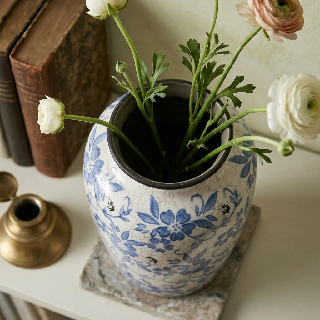 Antique-Style Blue & White Distressed Floral Vase