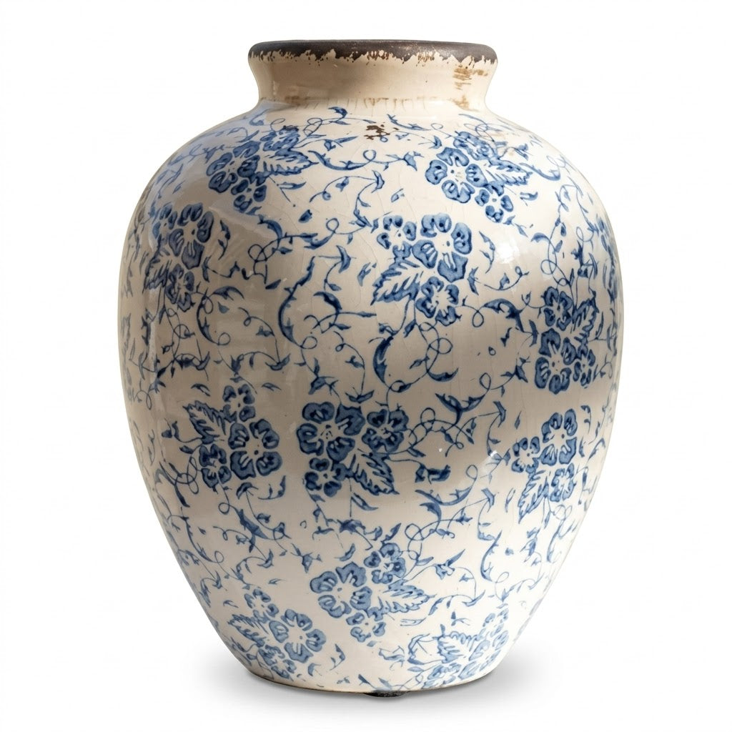Antique-Style Blue and White Floral Crackle Glaze Vase