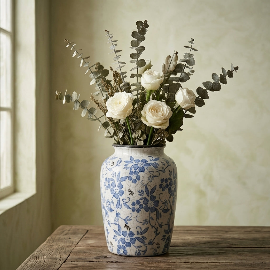 Antique-Style Blue & White Distressed Floral Vase