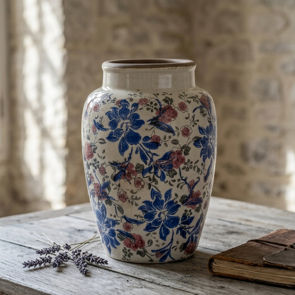 Antique-Style Blue and Pink Floral Ceramic Vase