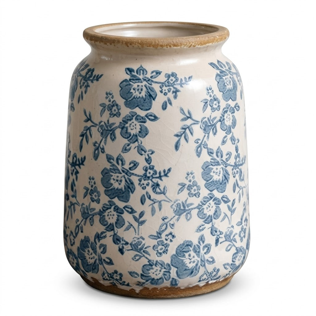 Rustic Blue & White Floral Crackle Glaze Vase