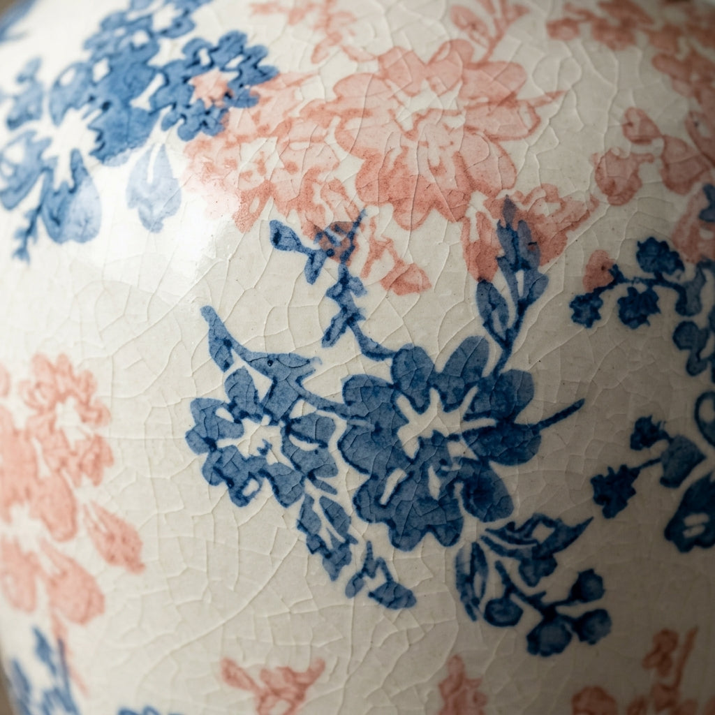 Vintage Blue and Blush Floral Crackle Glaze Vase