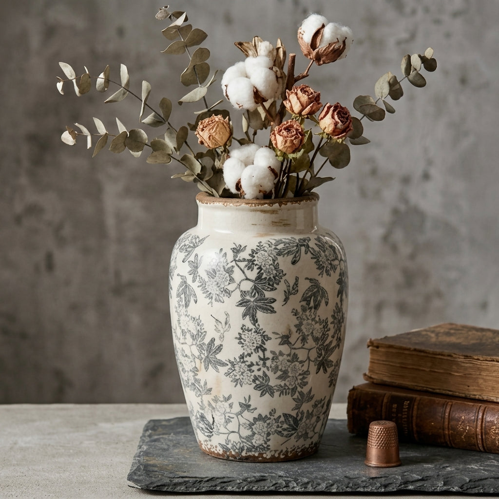 Vintage Charcoal Floral Distressed Ceramic Vase