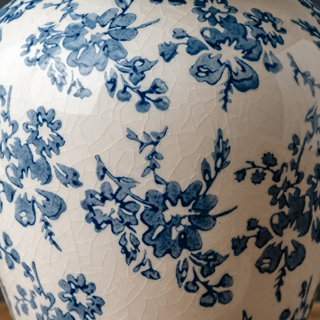 Vintage Blue Floral Crackle Glaze Urn Vase