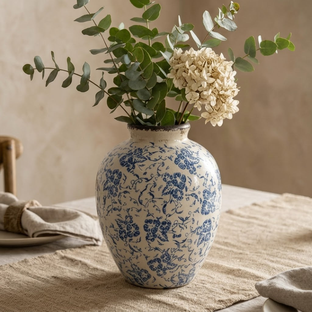 Antique-Style Blue and White Floral Crackle Glaze Vase
