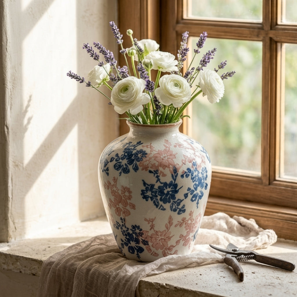 Vintage Blue and Blush Floral Crackle Glaze Vase