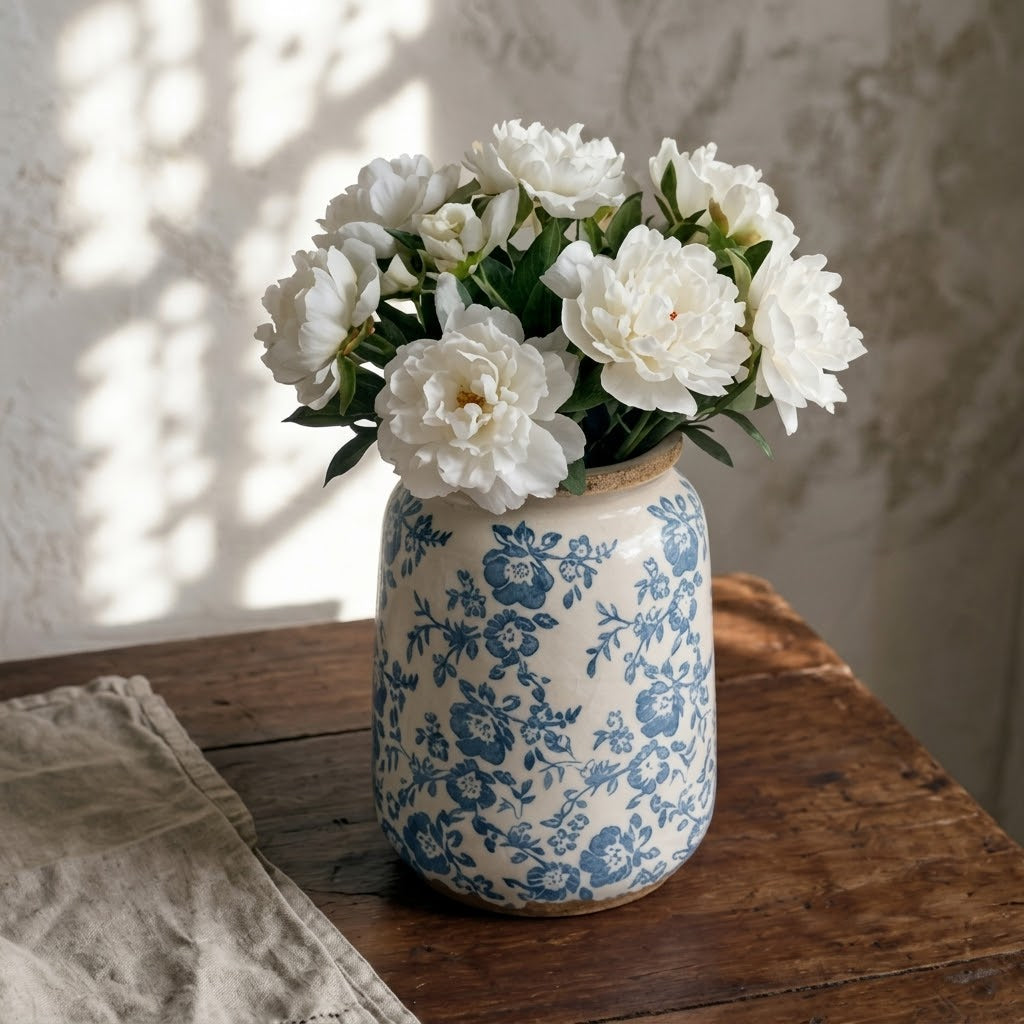 Rustic Blue & White Floral Crackle Glaze Vase