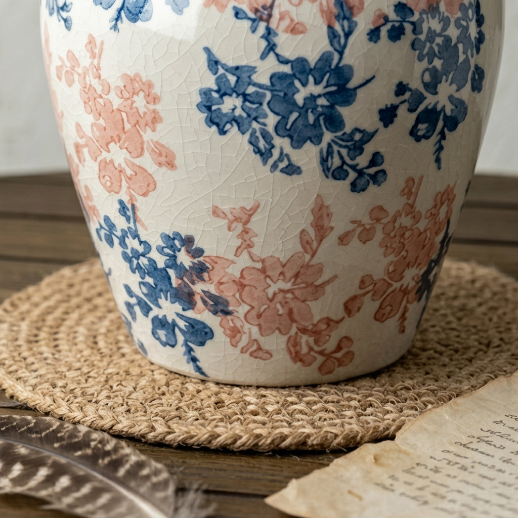 Vintage Blue and Blush Floral Crackle Glaze Vase