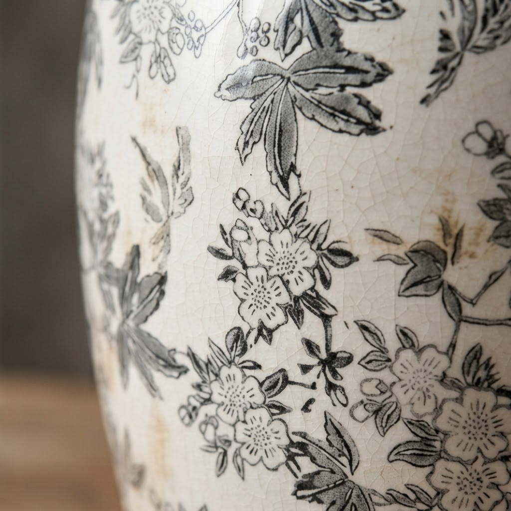 Vintage Charcoal Floral Distressed Ceramic Vase