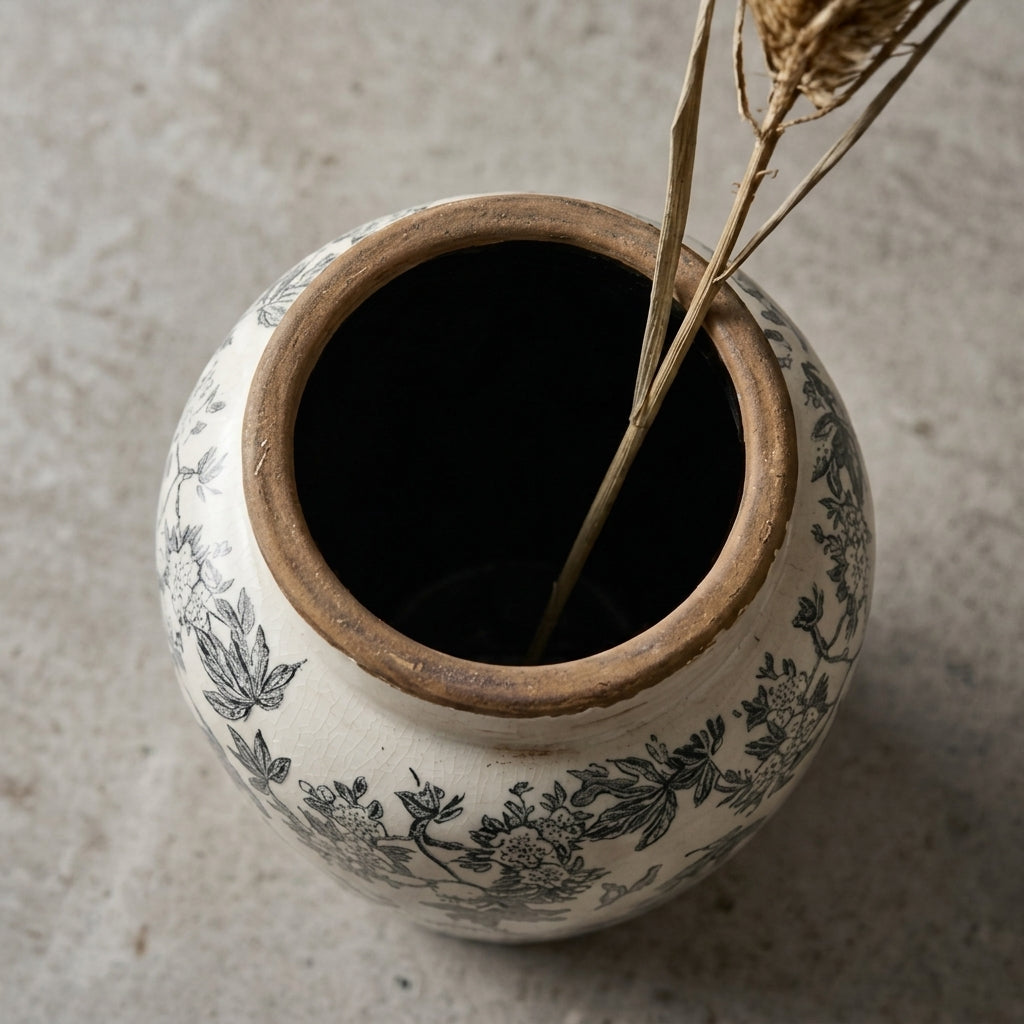 Vintage Charcoal Floral Distressed Ceramic Vase