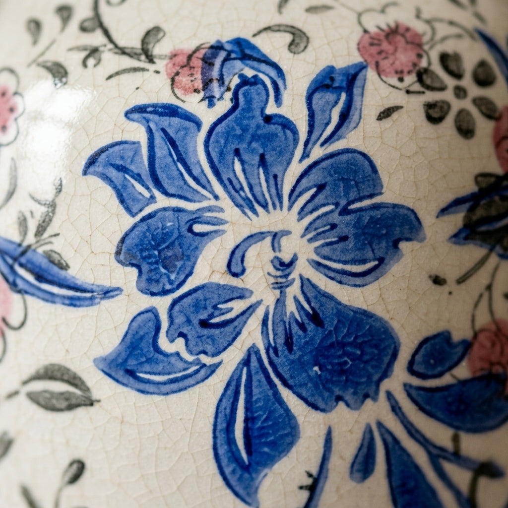 Antique-Style Blue and Pink Floral Ceramic Vase