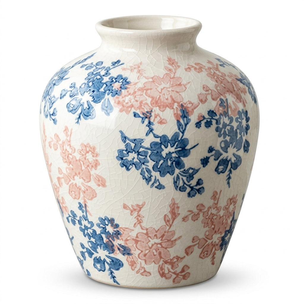 Vintage Blue and Blush Floral Crackle Glaze Vase