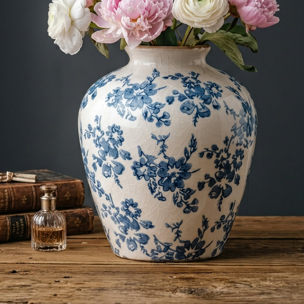 Vintage Blue Floral Crackle Glaze Urn Vase