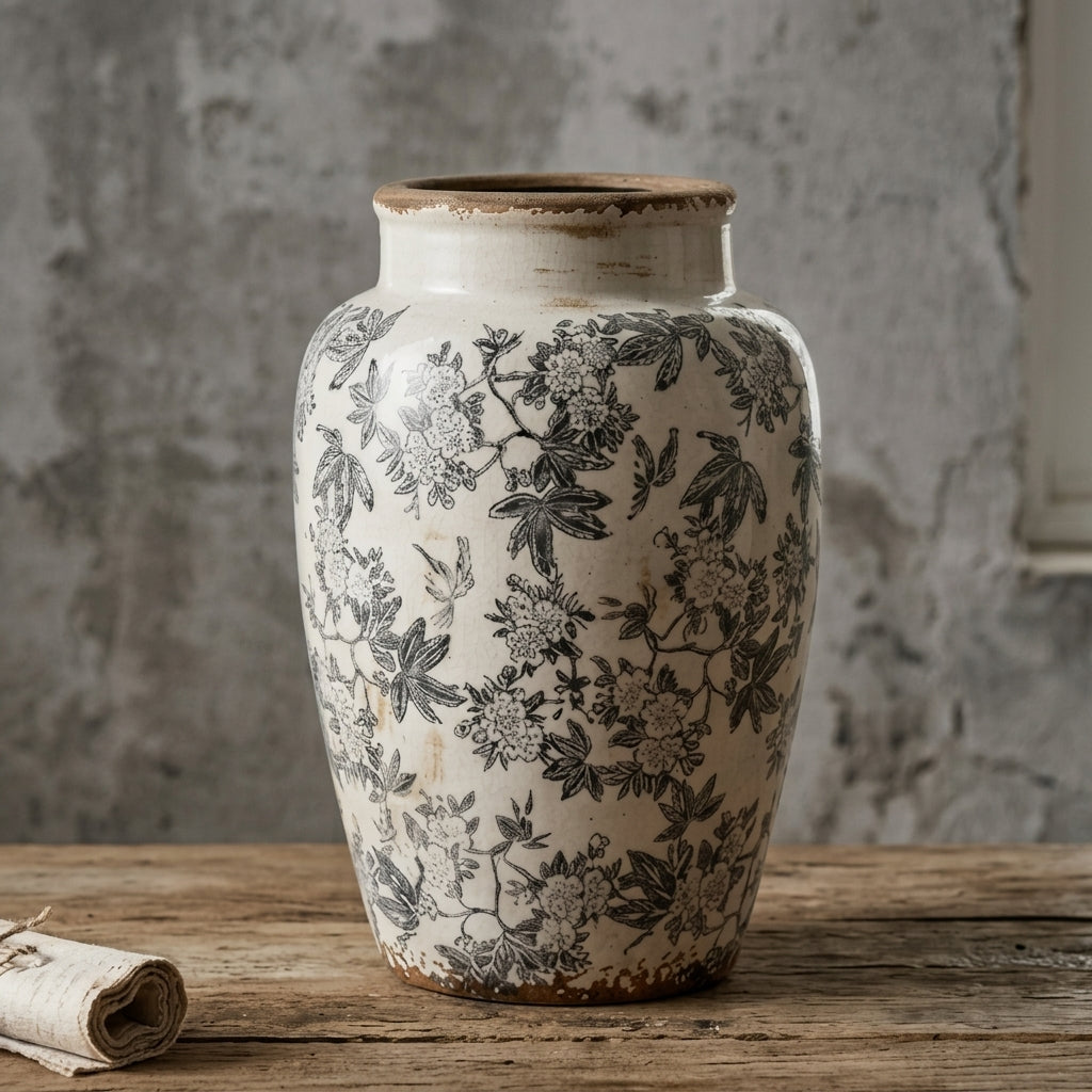 Vintage Charcoal Floral Distressed Ceramic Vase