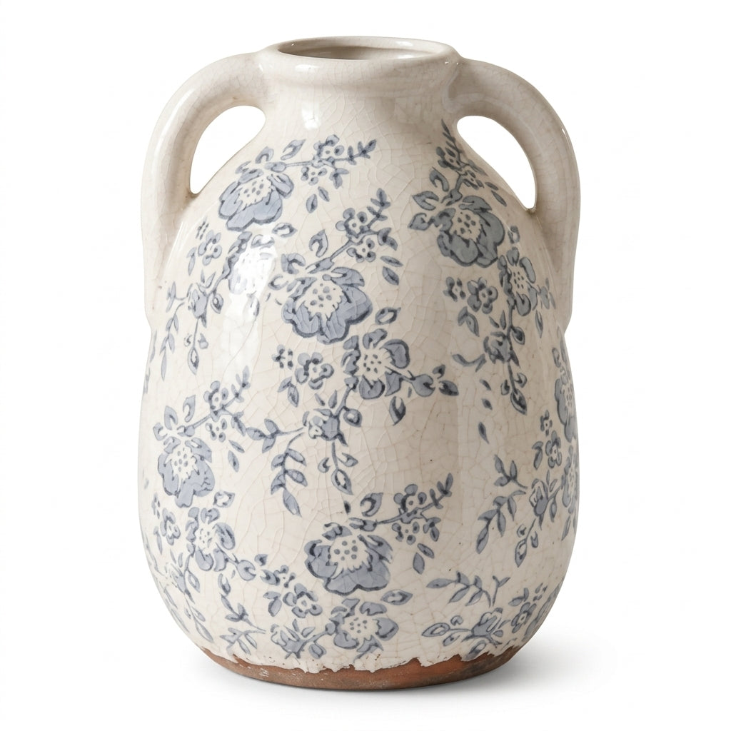 Vintage Grey-Blue Floral Crackle Glaze Handled Vase