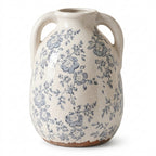 Vintage Grey-Blue Floral Crackle Glaze Handled Vase