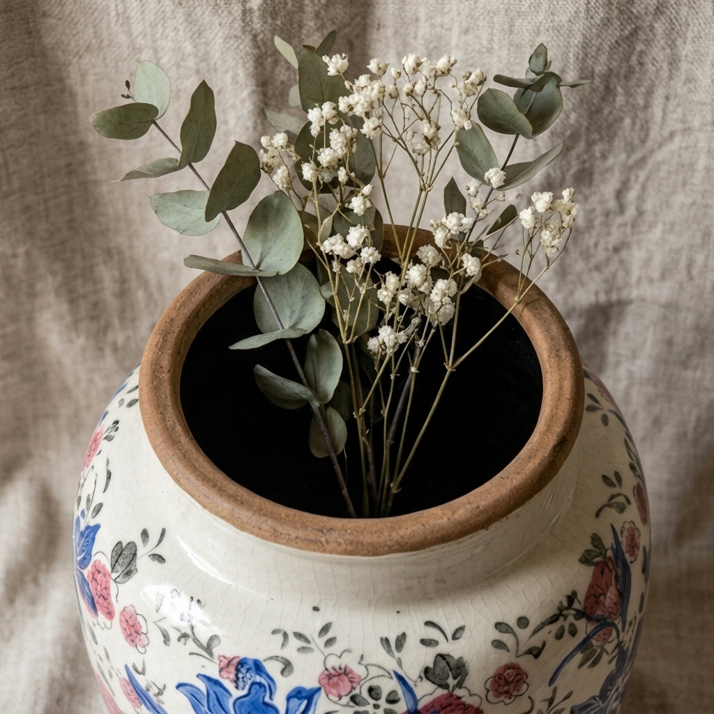 Antique-Style Blue and Pink Floral Ceramic Vase