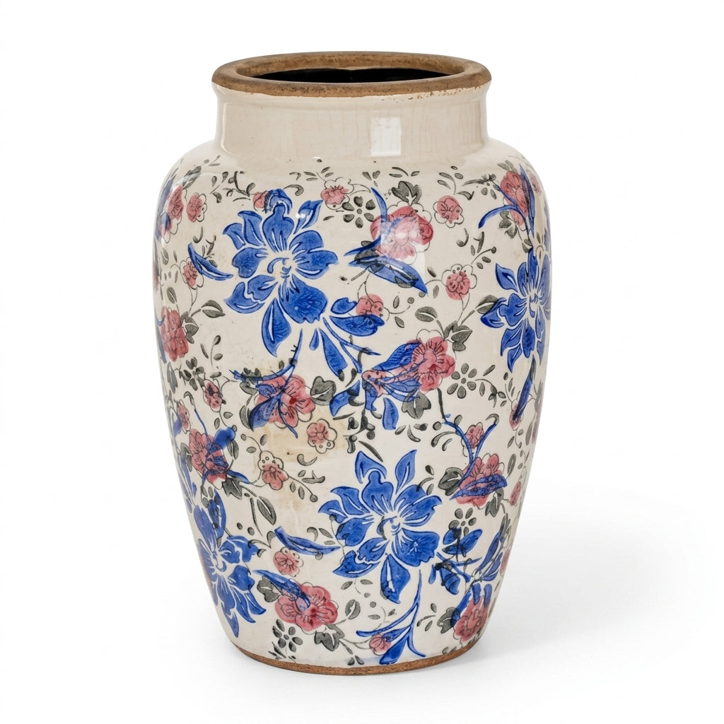 Antique-Style Blue and Pink Floral Ceramic Vase