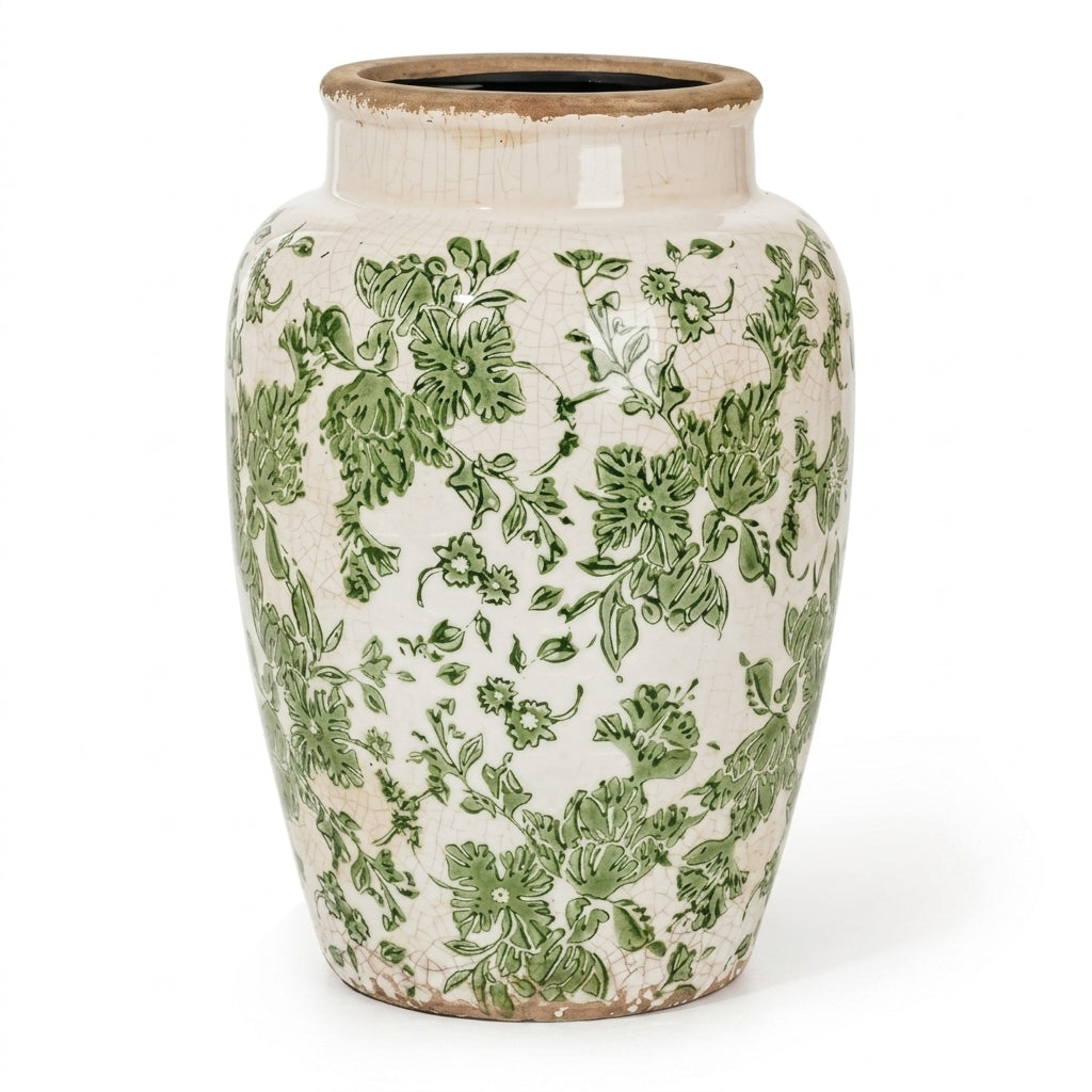 Vintage Green Floral Crackle Glaze Vase