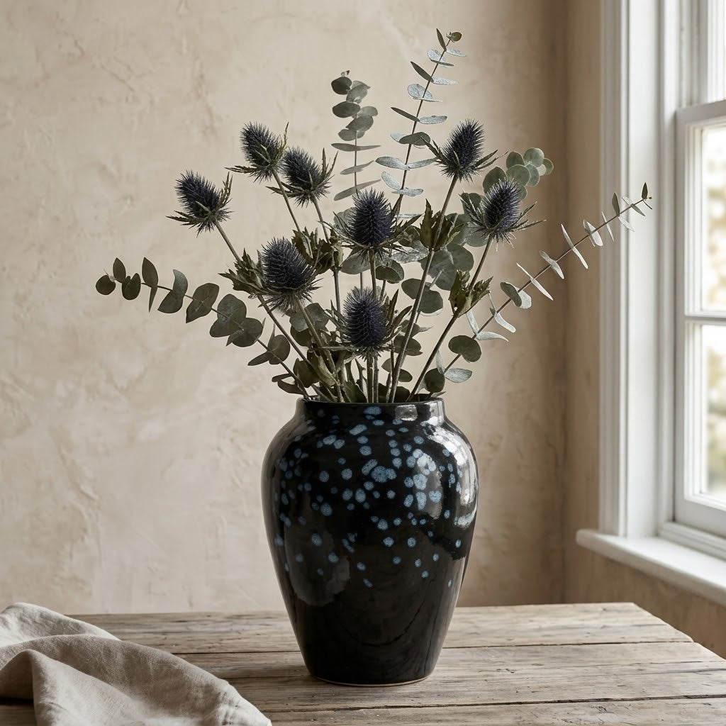 Obsidian & Blue Speckled Ceramic Vase