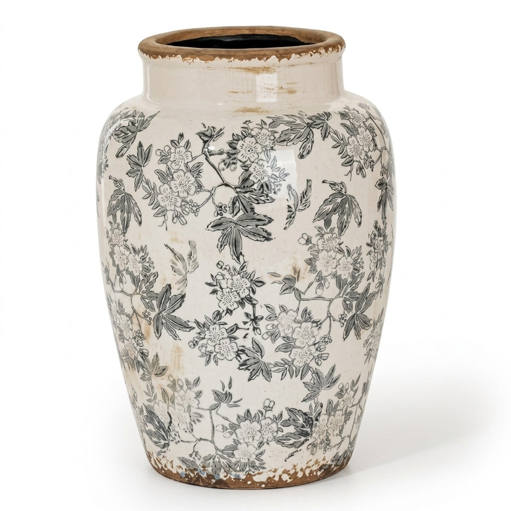 Vintage Charcoal Floral Distressed Ceramic Vase