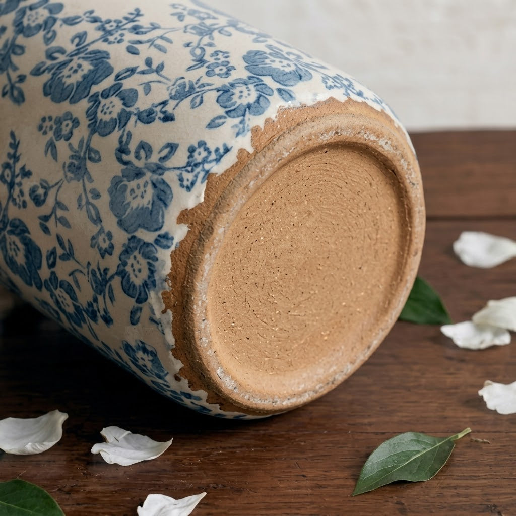 Rustic Blue & White Floral Crackle Glaze Vase