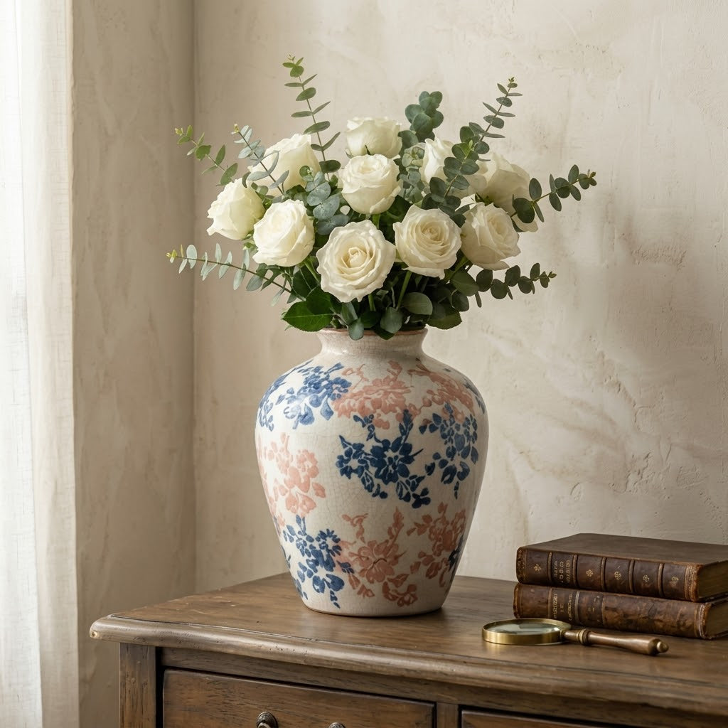 Vintage Blue and Blush Floral Crackle Glaze Vase
