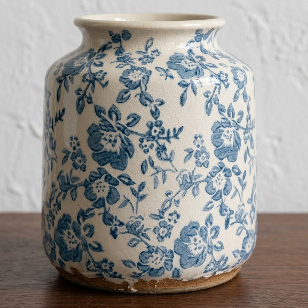 Rustic Blue & White Floral Crackle Glaze Vase