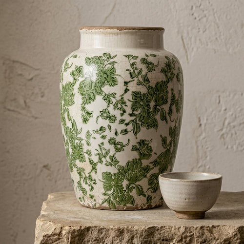 Vintage Green Floral Crackle Glaze Vase