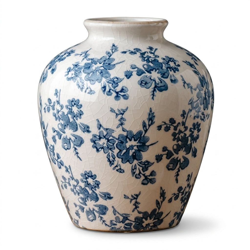 Vintage Blue Floral Crackle Glaze Urn Vase