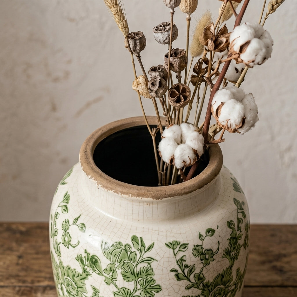 Vintage Green Floral Crackle Glaze Vase