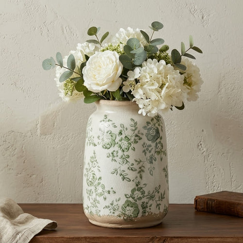 Rustic Sage Green Botanical Crackle Glaze Vase