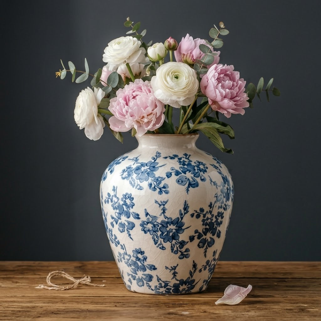 Vintage Blue Floral Crackle Glaze Urn Vase