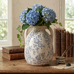 Vintage Grey-Blue Floral Crackle Glaze Handled Vase