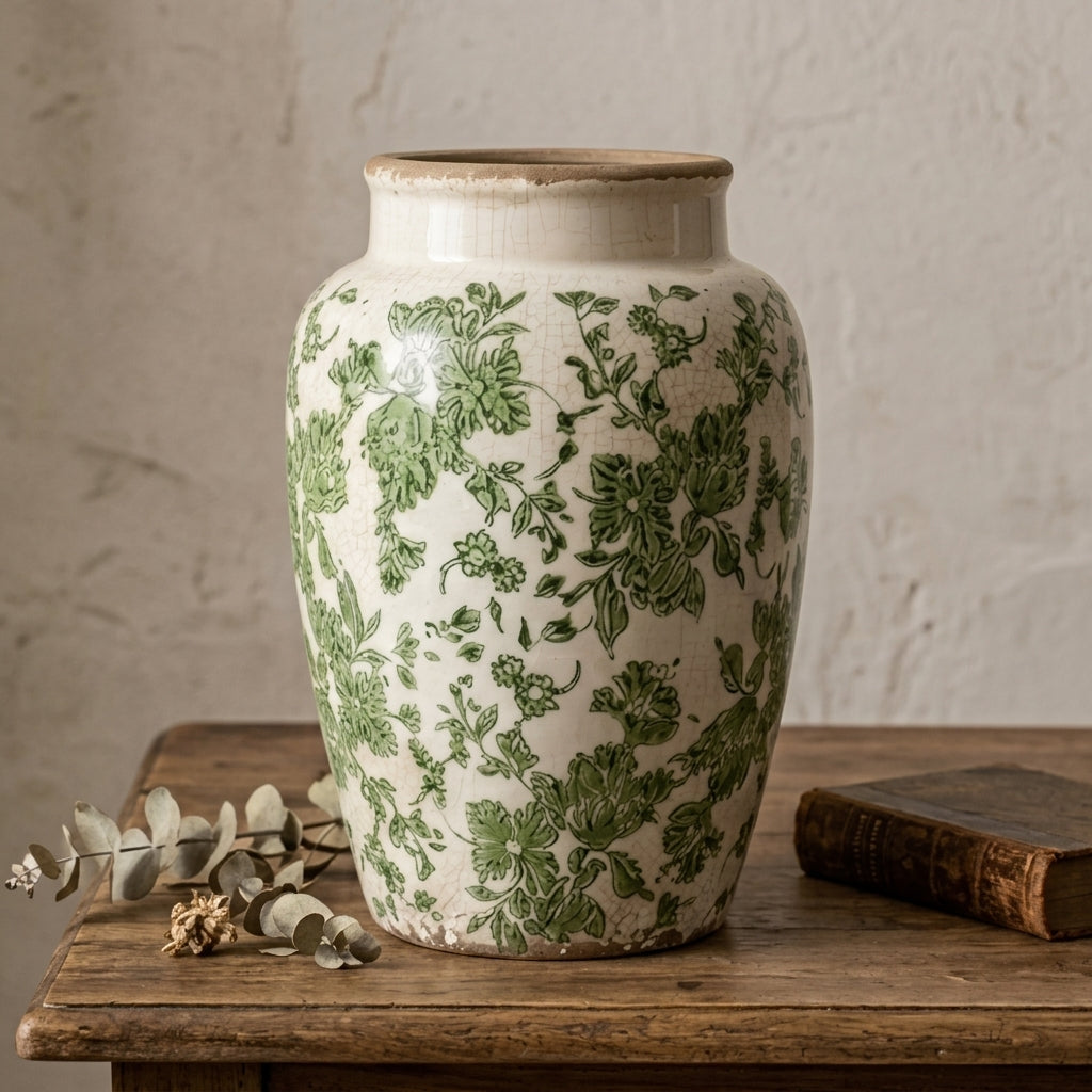 Vintage Green Floral Crackle Glaze Vase