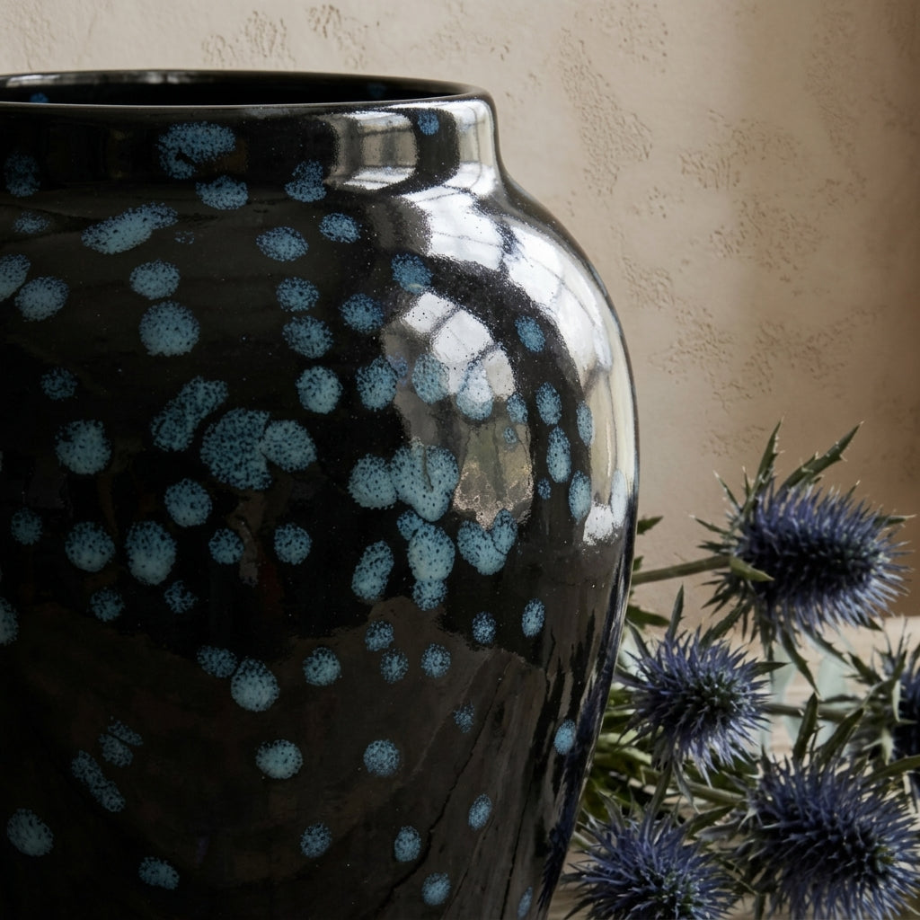 Obsidian & Blue Speckled Ceramic Vase