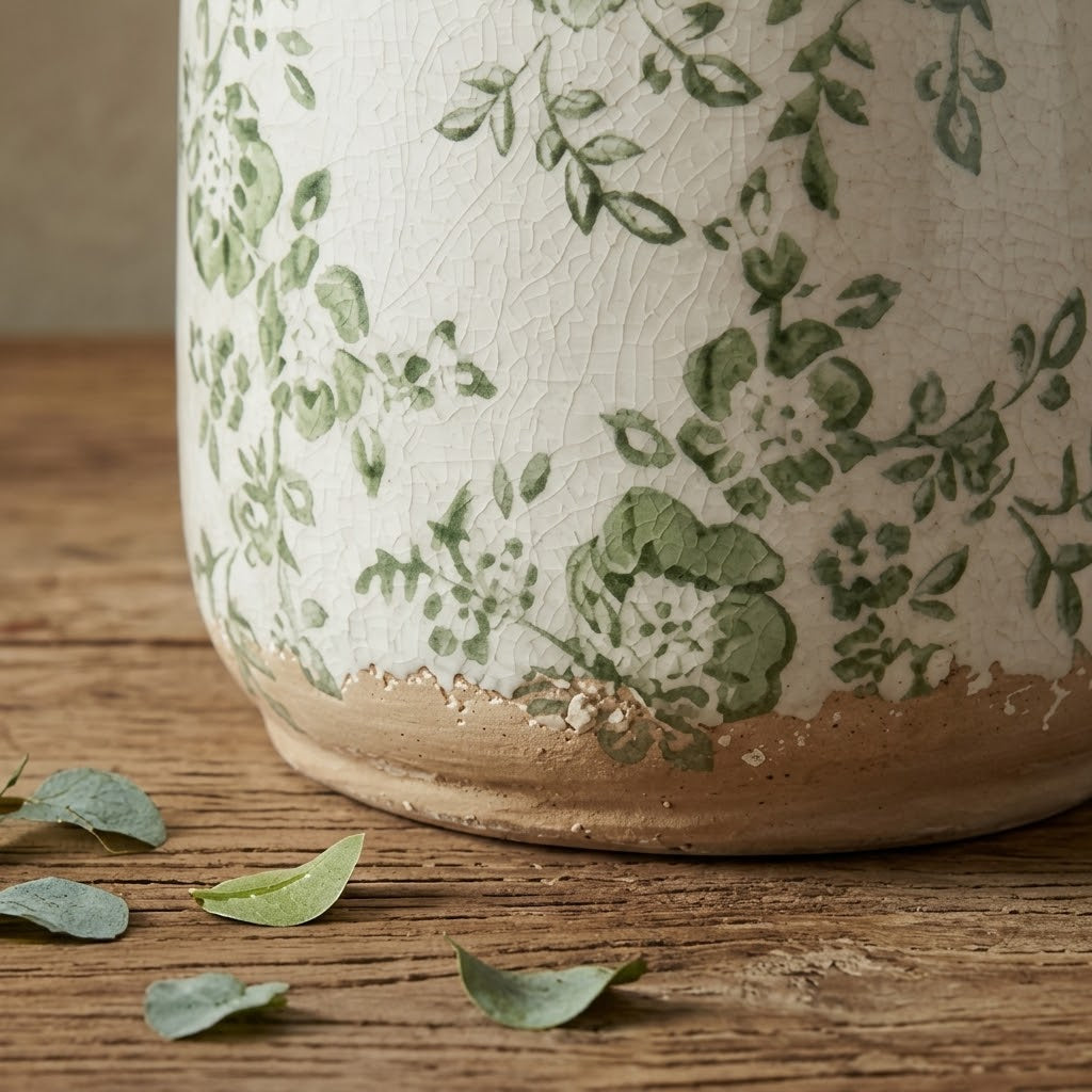 Rustic Sage Green Botanical Crackle Glaze Vase